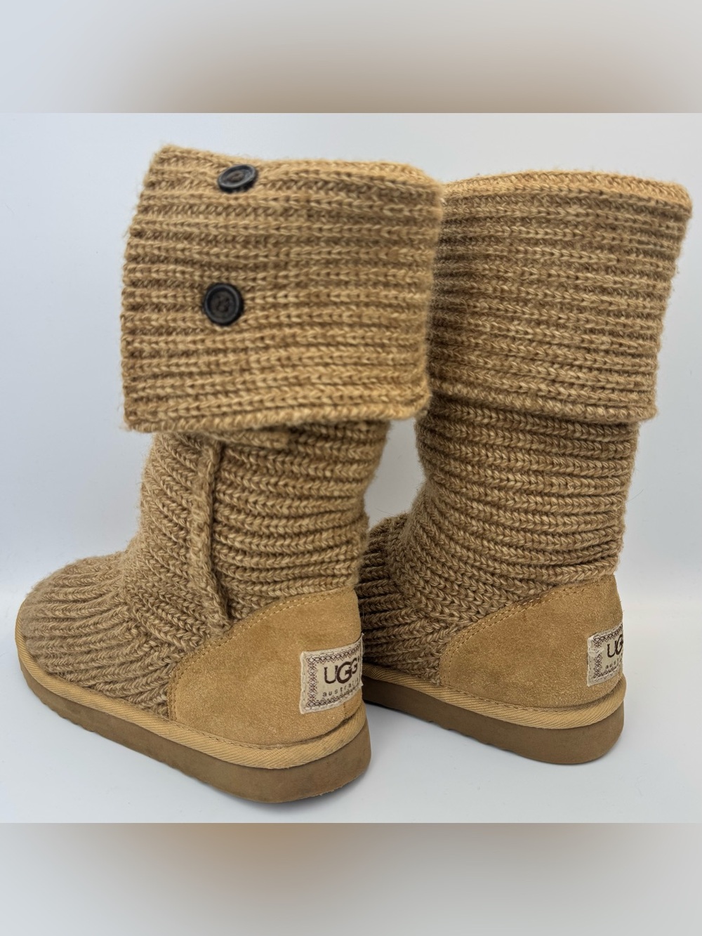 UGG Australia Knit Tall Button Boots Womens Size 7 Tan Beige Sweater Boots